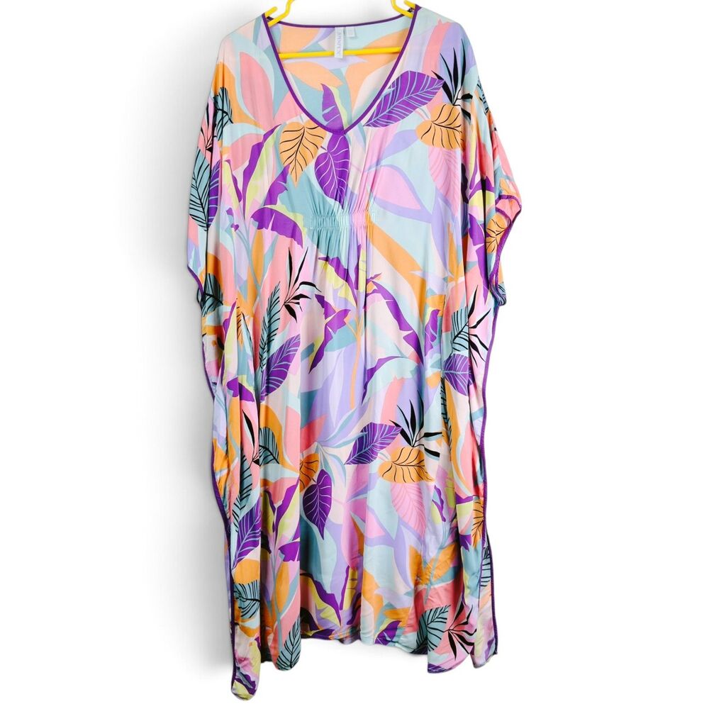 joyspun tropical print caftan maxi dress size l 12-14 batwing v-neck resort wear